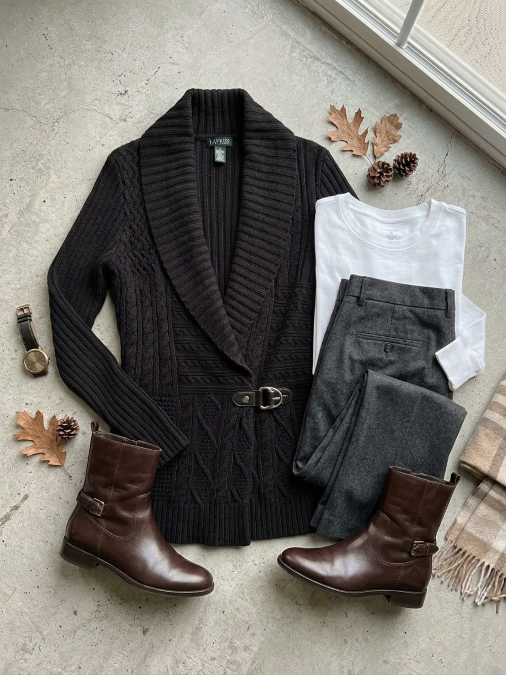 Lauren Ralph Lauren Black Cable-Knit Shawl Cardigan with Leather Buckle (Size S)